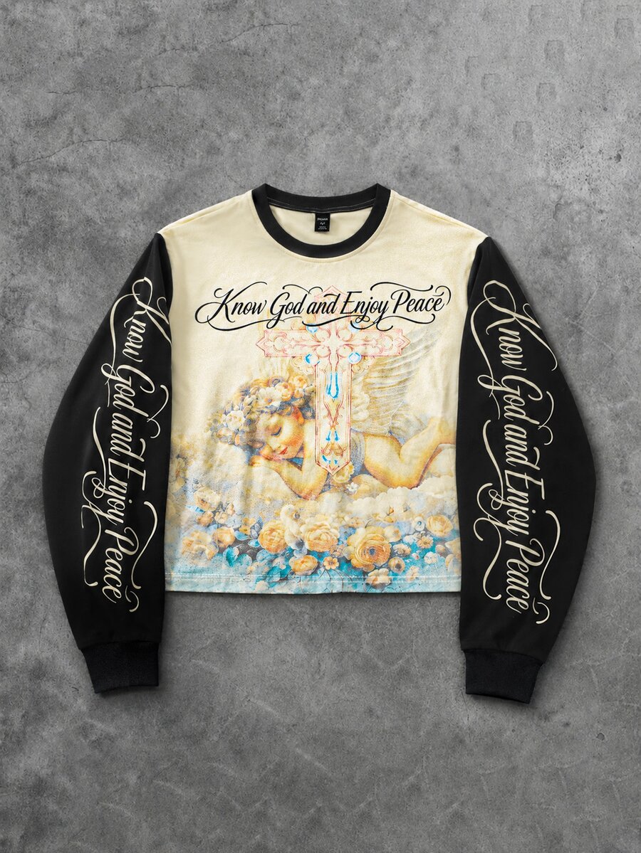 ROMWE MEN Men's Loose Fit Long Sleeve T-Shirt With Angel Print Pattern - Khaki - View 1