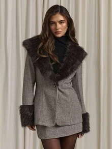 Aloruh Women's Elegant Business Commute Long Sleeve Blazer + Mini Skirt Old Money Style Faux Fur Patchwork Suit 2 Pieces Set - Coffee Brown - View 6