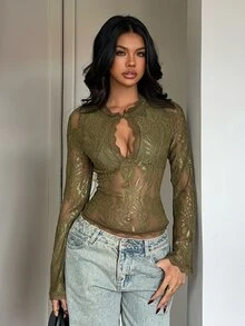 Aloruh Sexy Olive Green Lace Water Drop Neck Flare Sleeve Fitted Women's Top - Olive Green - View 6