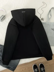 SHEIN 青少年女孩休閒緊身寬鬆口袋長袖抓絨內裡運動衫 時尚婚禮賓客派對 黑白配色 秋冬款 - 黑色 - 查看 2