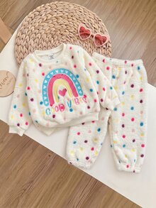 SHEIN 女嬰女寶寶可愛波點毛絨刺繡家居服套裝 秋冬款 - 白色 - 查看 7