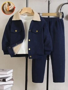 SHEIN 青少年男孩2件套休閒燈芯絨面料翻領長袖夾克與彈性腰長褲，適合秋冬春季，適合戶外玩耍、學校、街頭風、派對與居家休閒，高CP值 - 藏蓝色 - 查看 2
