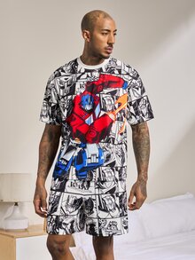 Transformers X SHEIN Set Pakaian Santai Pria Motif Kartun Lengan Pendek Atasan dan Celana Pendek - Hitam dan Putih - View 1