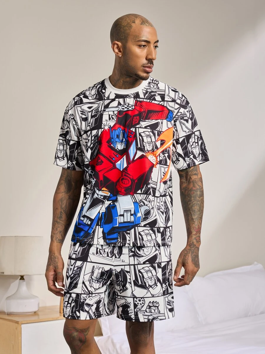 Transformers X SHEIN Set Pakaian Santai Pria Motif Kartun Lengan Pendek Atasan dan Celana Pendek - Hitam dan Putih - View 1