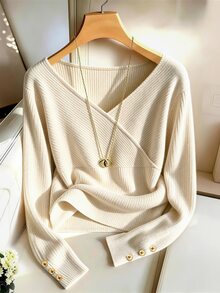 SHEIN Franclia Women's Ribbed Wrap Long Sleeve T-Shirt, Versatile For Daily Wear - Apricot - View 5