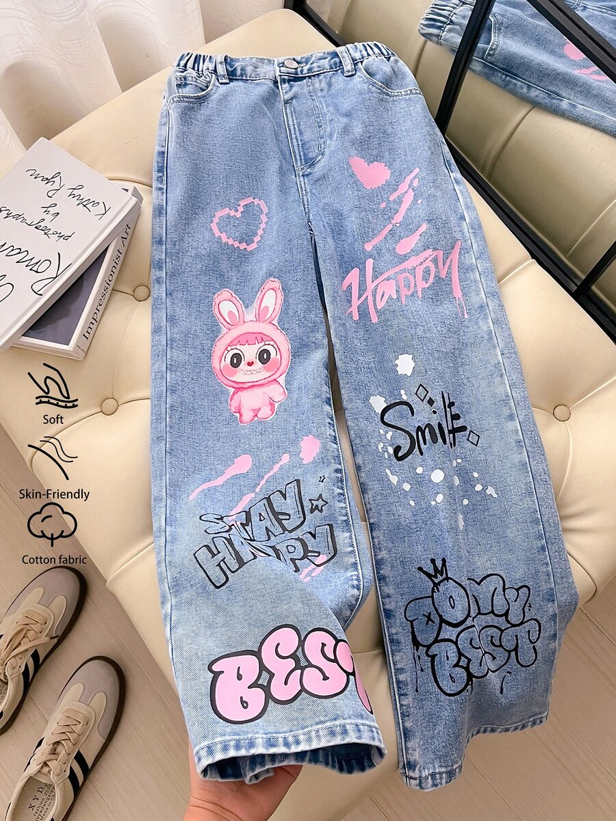 SHEIN Sparklyn Tween Girls Graffiti Heart & Letter Print Y2K Style Light Blue Printed Casual Loose Wide Leg Distressed Ripped Vintage Washed Denim Jeans - Blue - View 1