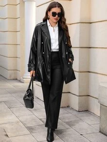 EMERY ROSE Plus Size Women's Elegant Black PU Jacket With Button Decor, Autumn/Winter - Black - View 6
