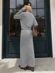 Livesso Setelan 2 Potong Sweater Kasual Musim Gugur/Dingin Wanita & Rok Rajut Ekor Ikan - Grey - View 2