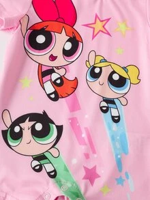 THE POWERPUFF GIRLS X SHEIN Baby Girl Round Neck Short Sleeve Casual Romper - Pink - View 4