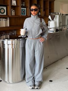 Muchica Damen Neues Herbst Lässig Karo Stehkragen Jacke und Hose Set zum Ausgehen, Streetwear, Y2K, Herbst Winter 2026 - Grau - Übersicht 3