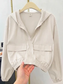 SHEIN 青少年女孩編織素色貼袋短版寬鬆休閒連帽外套，秋冬款，度假風 - 杏色 - 查看 12