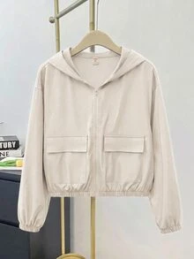 SHEIN 青少年女孩編織素色貼袋短版寬鬆休閒連帽外套，秋冬款，度假風 - 杏色 - 查看 10