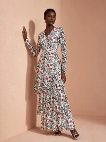 JIAN LASALA Gaun Panjang Elegan dengan Leher V Berbentuk Jala dan Lengan Panjang, serta Hemline Berumbai Tidak Merata - MultiWarna - View 1