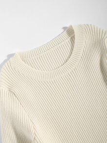 GlowEve CURVE Plus Size Crew Neck Vertical Ribbed Metallic Decor Pullover Sweater - White - View 4