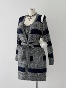 Sunspun Cardigan Panjang Kasual Serbaguna Motif Garis-Garis Blok Warna Longgar untuk Musim Gugur/Dingin - MultiWarna - View 4
