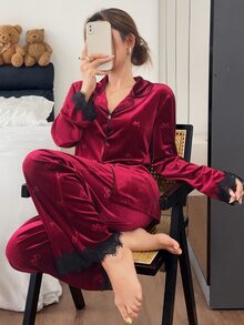 Napfluff Lace Trim Bow Jacquard Velvet Cardigan And Pants Women's Pajama Set Autumn/Winter Burgundy Pajama Set Comfortable And Elegant Detail Design - Burgundy - View 5