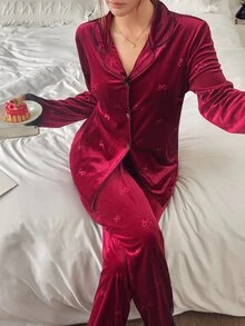 Napfluff Lace Trim Bow Jacquard Velvet Cardigan And Pants Women's Pajama Set Autumn/Winter Burgundy Pajama Set Comfortable And Elegant Detail Design - Burgundy - View 3