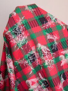 Doze Lane Christmas Themed Print Classic Plaid Element Collared Shirt Style Plus Size Women's Loungewear Pajama Set - Red - View 7