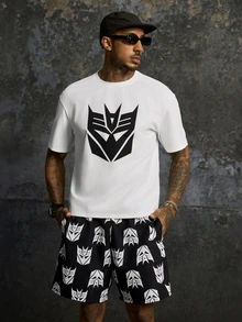 Transformers X SHEIN Men's Crew Neck Short Sleeve T-Shirt And Shorts Set Evergreen - Black and White - View 1