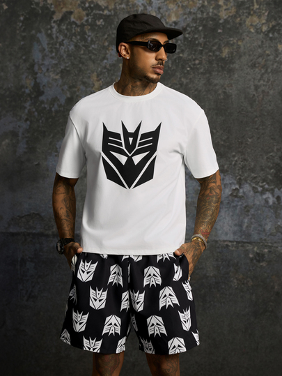 Transformers X SHEIN Men's Crew Neck Short Sleeve T-Shirt And Shorts Set Evergreen