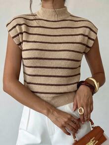 Firerie Elegant High Neck Loose Casual Versatile Sleeveless Knit Sweater Vest, Suitable For Dating, Chic - Camel - View 8
