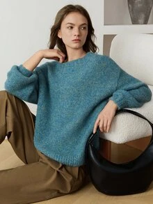 Dazy-Less Women's Wool Solid Color Casual Versatile Daily Long Sleeve Sweater - Blue Power - View 5