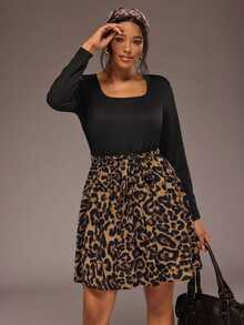 Freevana Leopard Print Tie-Waist Dress With Scoop Neck, Long Sleeves And Side Slit, Curvy-Friendly Staple Fall - Black - View 5