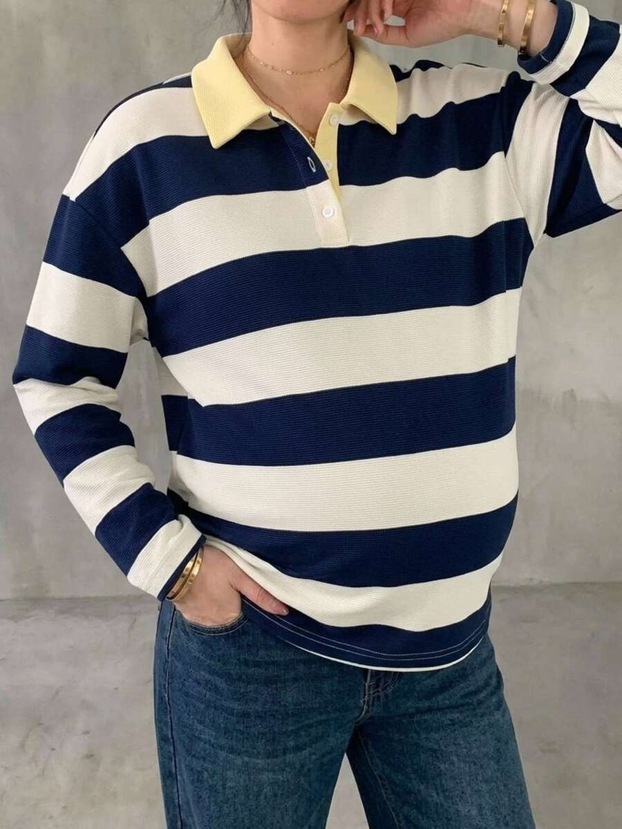 DAZY 拼接配色條紋寬鬆長袖翻領休閒日常度假春秋孕婦T恤 - 藍色 - 查看 1