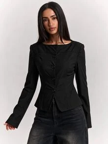 SHEIN BAE 女款純色長袖單排扣休閒通勤西裝外套 - 黑色 - 查看 1