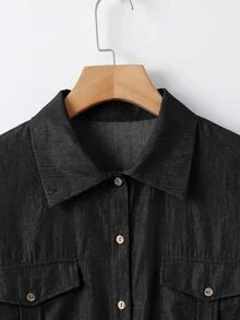 SHEIN CURVE+ Plus-Size Casual Denim Printed Shirt For Commuting Summer Outfits, Holiday Outfits, Beach Outfits, Fall - Black - View 3