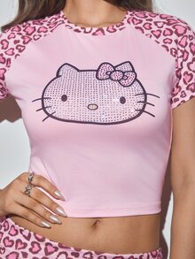 HELLO KITTY AND FRIENDS | SHEIN Women's Leopard Print Heart Patchwork Rhinestone Cartoon Print T-Shirt & Shorts 2pcs Set - Pink - View 9