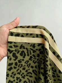 Maweii 女款大尺碼休閒豹紋對比飾邊腰部綁帶蝴蝶結直筒時尚設計 2025 新款百搭長褲 - 彩色 - 查看 7