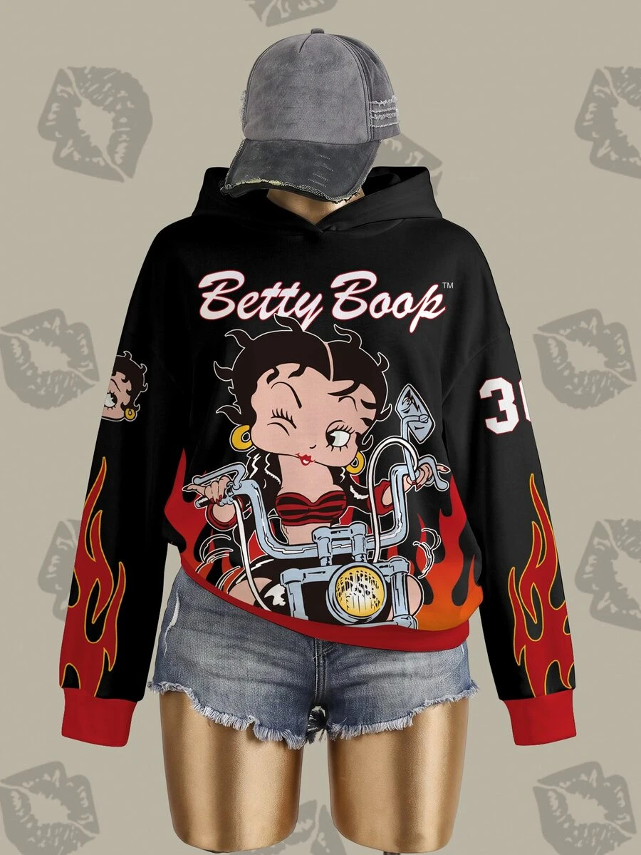 Betty Boop x SHEIN Plus Size Women's Letter Print Long Sleeve Casual Sweatshirt - White - View 1
