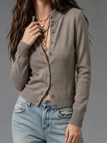 SHEIN Women's Vintage Long Sleeve Single-Breasted Cardigan Sweater - Mocha Brown - View 3
