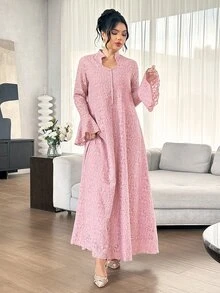 Graceveil Light Pink Lace Stand Collar Long Robe Dress, Flared Long Sleeve Middle Eastern Muslim Maxi Skirt - Pink - View 5