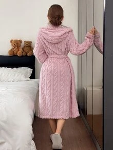 Napfluff Women's Casual Pink Jacquard Velvet Open Front Hooded Loungewear Robe - Pink - View 3