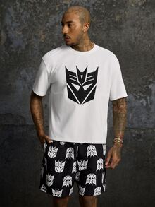Transformers X SHEIN Men's Crew Neck Short Sleeve T-Shirt And Shorts Set Evergreen - Black and White - View 3