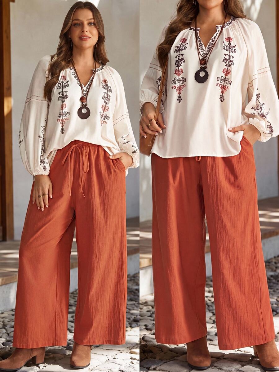 EMERY ROSE Plus Size Vintage Notch V-Neck Shirt And Drawstring Waist Pants 2 Pieces Set - Multicolor - View 1