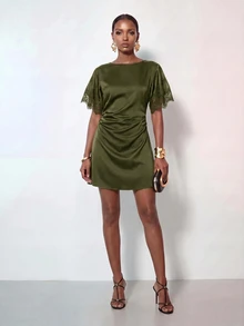 Zivah Women's Elegant Commuter Lace Patchwork Mini Dress - Army Green - View 7