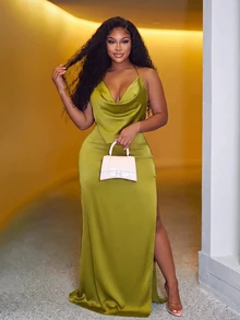 Slaydiva New Olive Green Satin High Neck Backless Spaghetti Strap Dress With High Slit And Pleated Design, Perfect For Dates, Parties, Cocktail Events, Weddings, Birthday Parties, Vacations And Formal Occasions - Olive Green - View 9