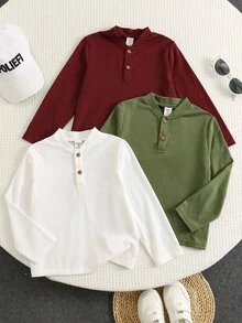 SHEIN 兒童小男孩 3件組純色針織長袖 POLO 衫，柔軟舒適，適合秋冬，學院風，簡約百搭，多用途 - 彩色 - 查看 1