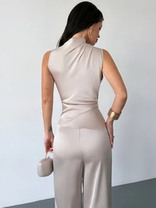Firerie Apricot Satin Ruched Neck Sleeveless Asymmetrical Diagonal Cut High Waist Wide Leg Long Jumpsuit - Apricot - View 7