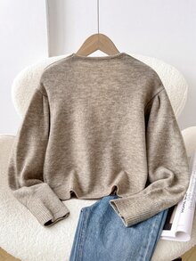 Feyla Plus Size Embroidered Metal Button Long Sleeve Knit Cardigan - Khaki - View 2