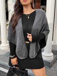 Vionelle Women's Front Tie Knitted Shawl Wrap Cape Cardigan, Solid Color Soft Knit Shoulder Drape, Plus Size - Dark Grey - View 3