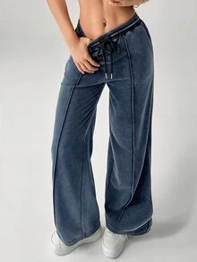 SHEIN PETITE Snow-Washed Women's Drawstring Wide Leg Sweatpants - Blue - View 5