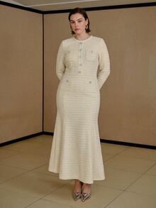 MOTF PREMIUM PLUS SIZE WOMEN'S ELASTIC ELEGANT TEXTURED BUTTON DESIGN MIDI DRESS FALL - Apricot - View 3