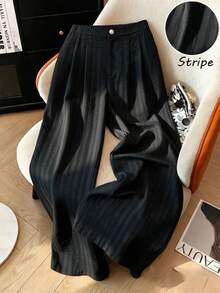 SHEIN Clasi بنطلون طويل واسع الساق مطوي كاجوال بمقاسات كبيرة، متعدد الاستخدامات للخروجات والتنقل والمواعدة والمكتب - الأسود - مشاهدة 1