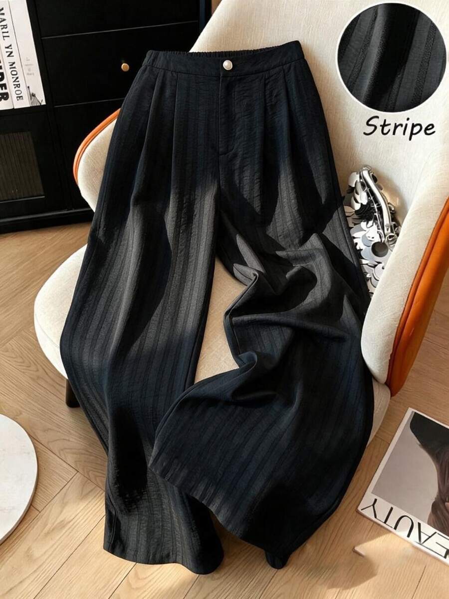 SHEIN Clasi بنطلون طويل واسع الساق مطوي كاجوال بمقاسات كبيرة، متعدد الاستخدامات للخروجات والتنقل والمواعدة والمكتب - الأسود - مشاهدة 1