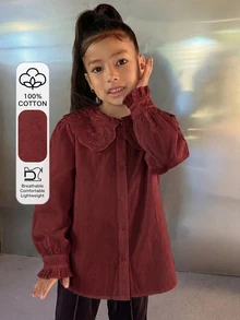 DAZY Tween女孩秋季服飾 蕾絲娃娃臉泡泡袖長袖甜美襯衫 - 紅木色 - 查看 2