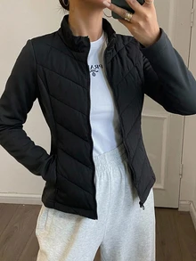 DAZY 女款秋冬修身腰部拼接加厚夾克外套 - 黑色 - 查看 6